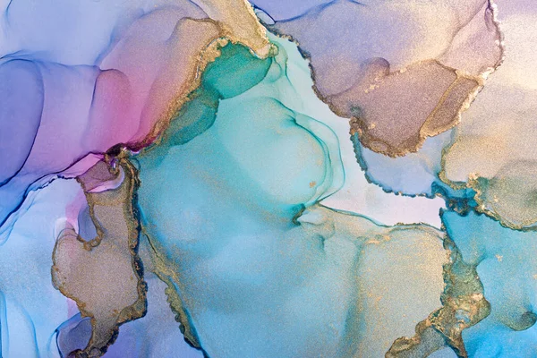 Closeup Multicolor Shiny Golden Alcohol Ink Abstract Texture Trendy Wallpaper — Stock Photo, Image