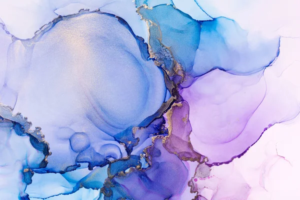 Gros Plan Violet Bleu Brillant Texture Abstraite Encre Alcool Doré — Photo