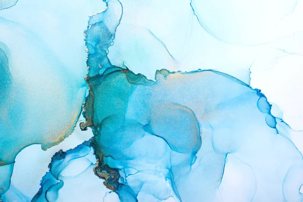 Closeup Turquoise Blue Shiny Golden Alcohol Ink Abstract Texture Trendy Stock Picture