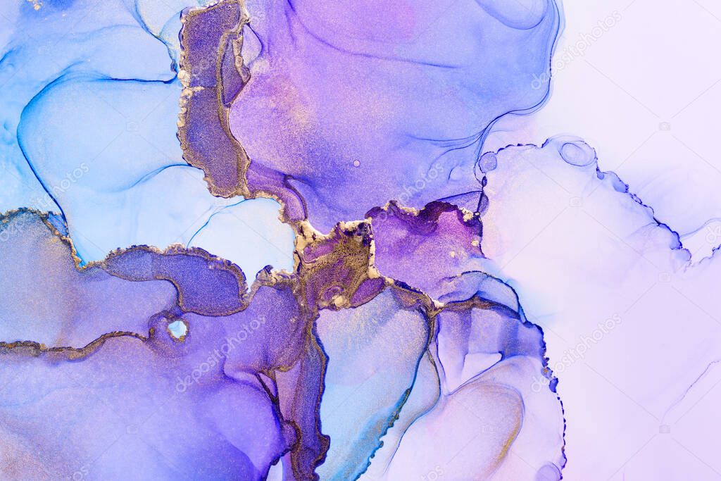 Closeup of purple, blue and shiny golden alcohol ink abstract texture, trendy wallpaper. Art for design project as background for invitation or greeting cards, flyer, poster, presentation, wrapping paper