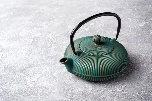 Traditional Green Turquoise Asian Cast Iron Kettle Grey Concrete Background — Stock Photo, Image