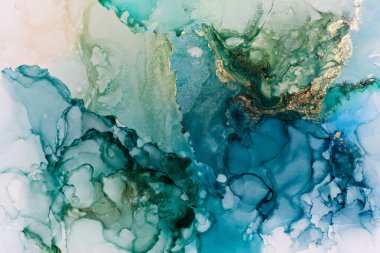 Mavi ve turkuaz alkol mürekkebi, soyut doku, modaya uygun duvar kağıdı. Tasarım projesi için arkaplan olarak davet veya tebrik kartları, poster, sunum, paketleme kağıdı