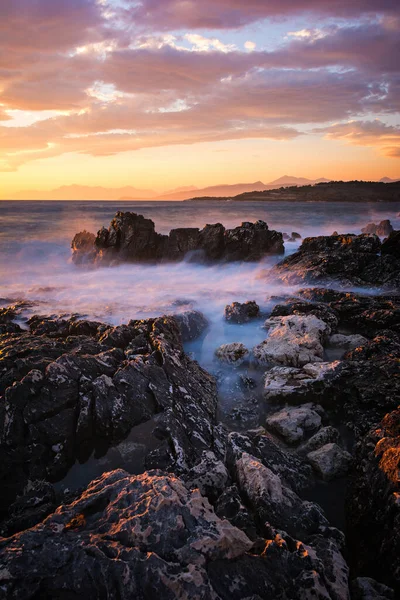 Hermoso Paisaje Atardecer Costa Del Mar Jónico Sur Albania —  Fotos de Stock