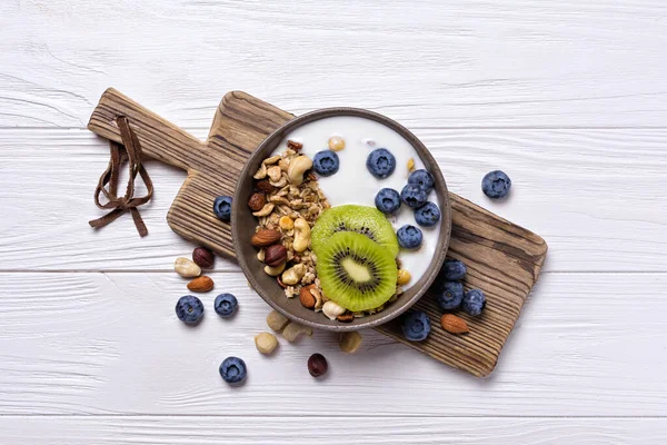 Organic Food Healthy Dieting Breakfast Top View Bowl Granola Yogurt — Stock Photo, Image