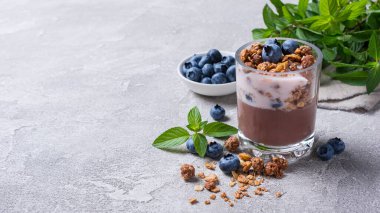 Lezzetli çikolatalı puding veya yoğurtlu tatlı krema, yaban mersini, granola ve naneli porsiyon bardakta gri beton arka planda.