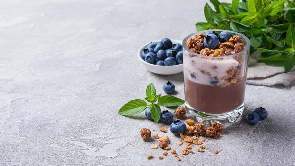 Smaklig Chokladpudding Eller Söt Mousse Med Yoghurt Blåbär Granola Och — Stockfoto