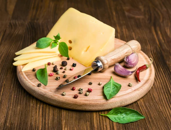 Käse, Gewürze und ein Messer — Stockfoto