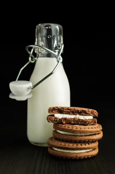 Leche en botella con galletas de cacao — Foto de Stock