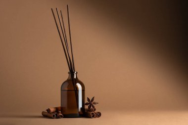 Aromatik çubuklu Reed yayıcı, tarçınlı rulo ve arka planda yıldız anason baharatları. Koku, ev dekorasyonu, sağlık, spa, rahatlama ve doğal yaşam tarzı kavramı..