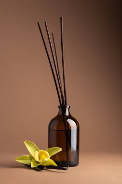Kahverengi cam bir şişede vanilya çubukları ve kahverengi arka planda vanilya çiçeği olan Reed difüzörü. Sakinliği, saflığı ve doğal aromayı sembolize eden minimum bileşim.