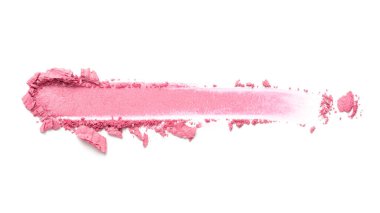 Beyaz arka planda pembe pudra örneği. Doku detaylarıyla ezilmiş kozmetik serisi. Makyaj, moda ve cilt reklamları için en az güzellik ürünü görüntüsü.