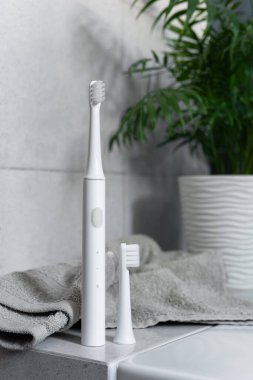 Minimalist banyo içinde havlu ve bitkilerle birlikte modern ultrasonik diş fırçası. Günlük kişisel bakım, sağlık rutini, hijyen, temiz yaşam tarzı ve sakin sabah ya da akşam ritüeli kavramı.