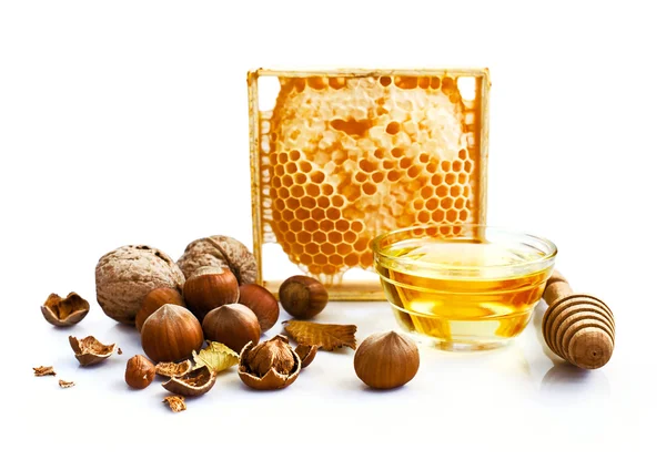 Honeycomb and nuts — Stock Photo, Image