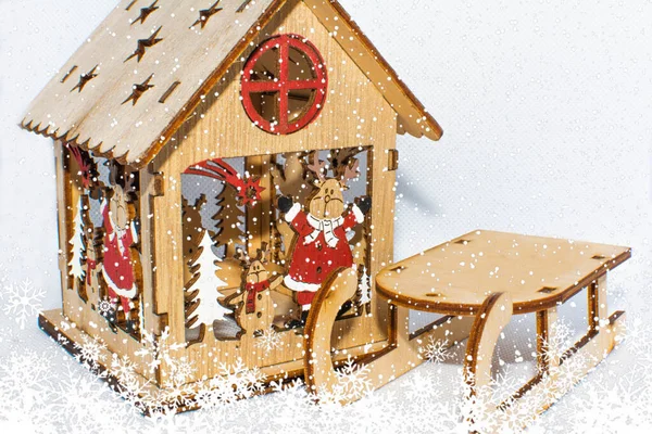 Small Wooden Christmas House Sleigh Merry Christmas Happy New Year — Stock Photo, Image