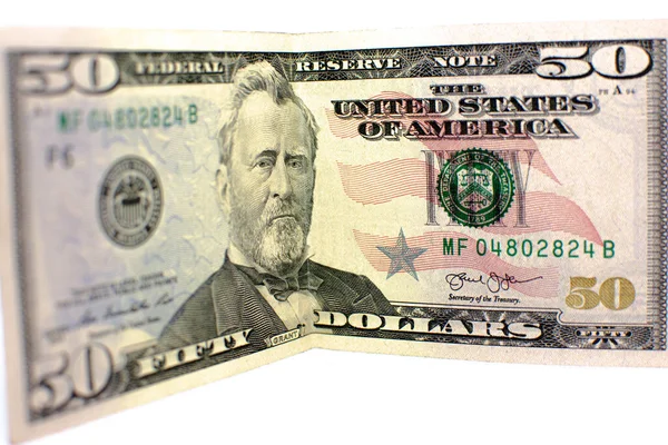 back side of 50 dollar bill, American money close-up with portrait