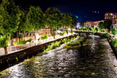 Köprüleri ve nehirleri olan güzel bir gece şehri. Trafik lambası olan bir kavşakta araba kullanmak. Güzel gece manzarası