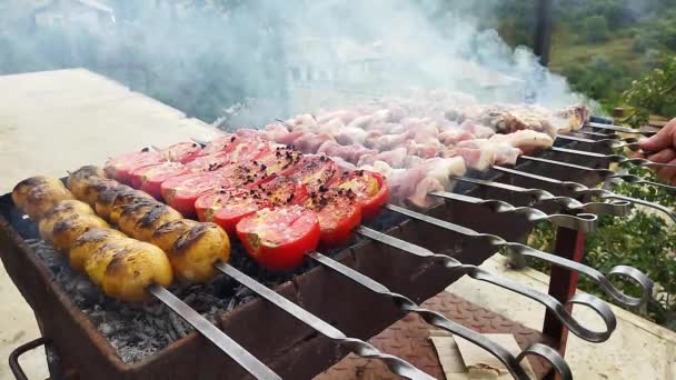 요리사는 마을에서 바베큐를 고깃덩어리에 불붙었어 토마토 노란색짧은 그리고 돼지고기 요리사의 — 비디오