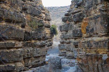 Çölde bir kanyon. Çıplak dağlar ve bir kanyon. Mars 'taki gibi güzel bir doğa. Kanyonun kayalık duvarları yüksektir. Dağ manzarası