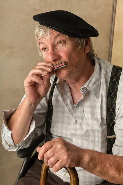 Old man with harmonica — Stock Photo, Image