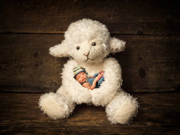 Pasgeboren Baby Blauwe Outfit Slaapt Armen Van Een Witte Teddybeer — Stockfoto