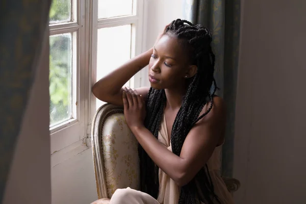 Beautiful Woman Sheer Nightgown Looking Out Window Backlighting — Stock Photo, Image