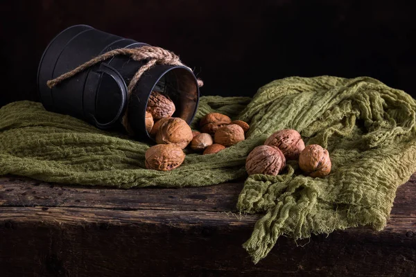 Still Life Rustic Metal Plates Fresh Walnuts — Stock Photo, Image