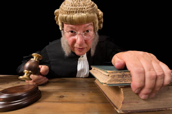 Wide Angle Closeup Mature Judge Authentic Court Wig Holding Gavel — Stock Photo, Image