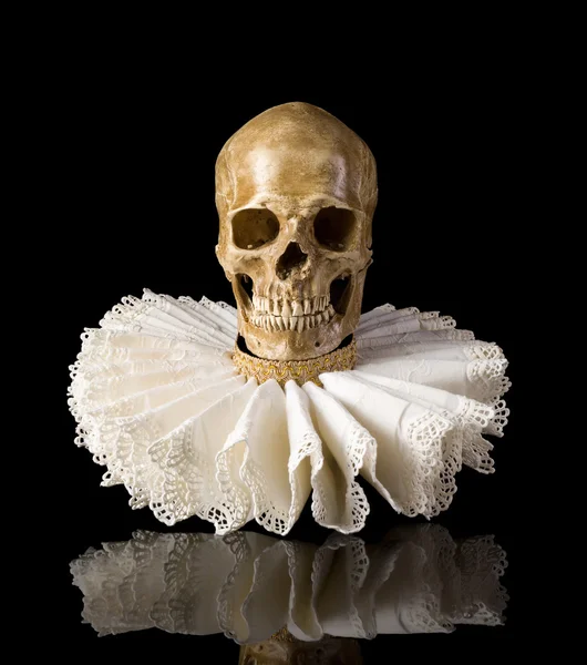 Death skull in elisabethan ruff collar — Stock Photo, Image