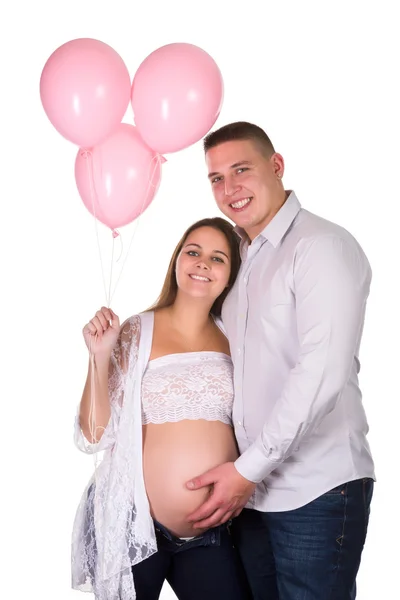 Roze ballonnen voor zwangere vrouw — Stockfoto