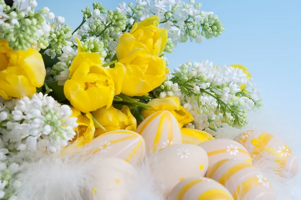 Ovos de Páscoa e flores de primavera — Fotografia de Stock