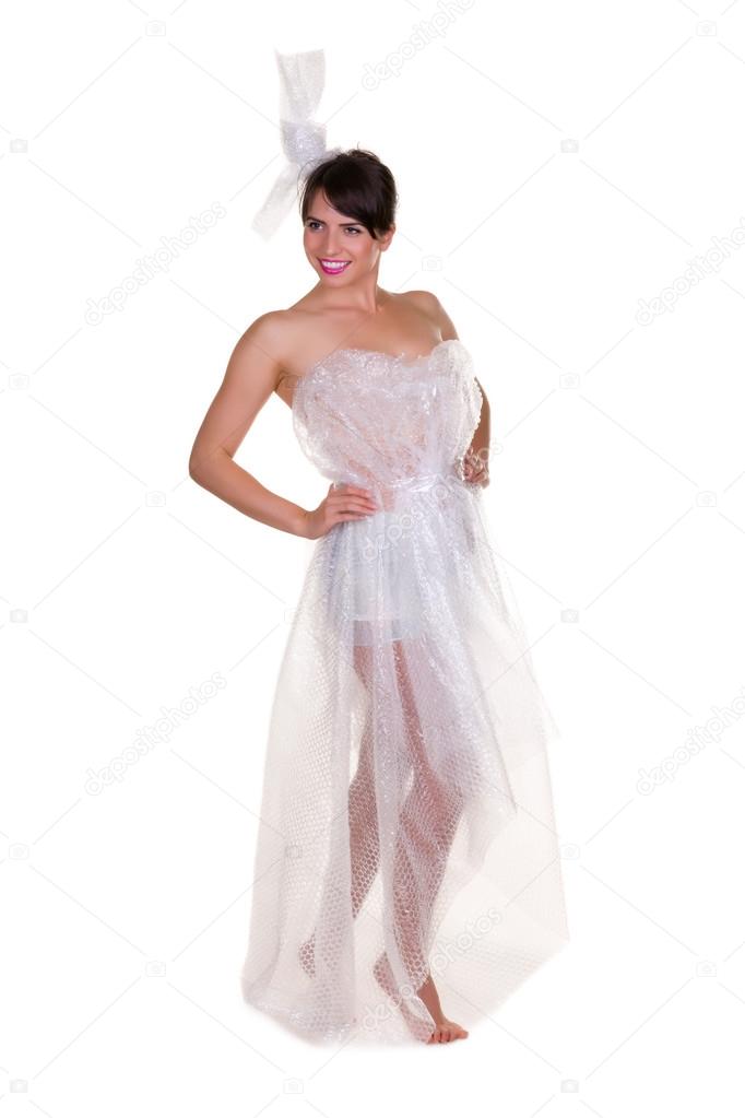 Woman wrapped in bubble wrap