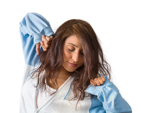 Stretching woman on white — Stock Photo, Image