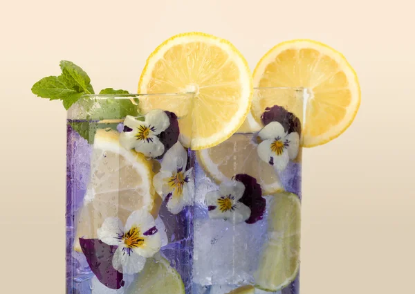 Violet drink with edible flowers — Stock Photo, Image
