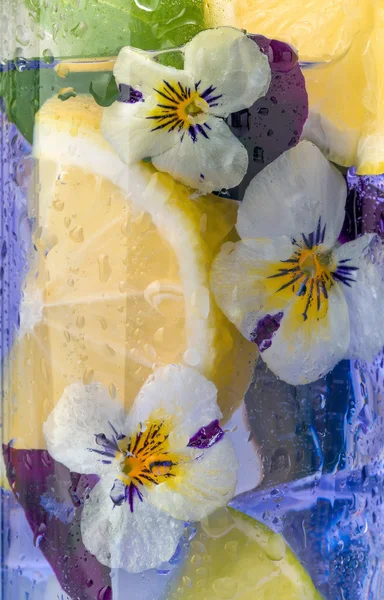 Cocktail close-up com violetas comestíveis — Fotografia de Stock