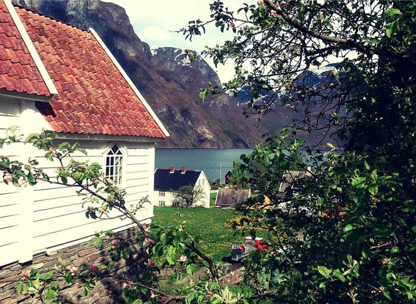 Geiranger Norwegia Maj 2015 Norweska Mała Przytulna Wioska Fjord Przyrodą — Zdjęcie stockowe