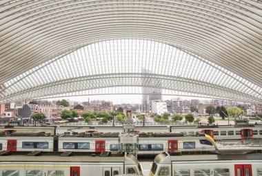 Liege, Belçika, Haziran 2021: Liege Guillemins tren istasyonunun kapalı mekanı.