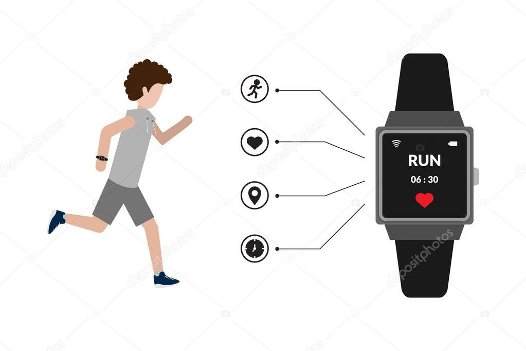 Wearable technology smart watch with man running vector illustration