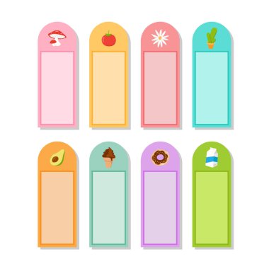 Kağıt kenarlıklar için farklı not etiketleri koleksiyonu ya da beyaz arkaplan üzerinde resimli tasarımların günlük bir takvimini oluştur