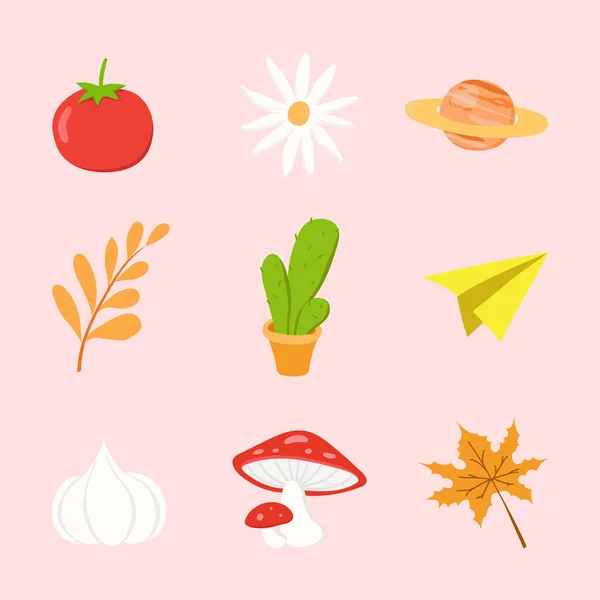 Vector Design Stickers Different Plants Food Cute Planets Children Autumn — Stock Vector