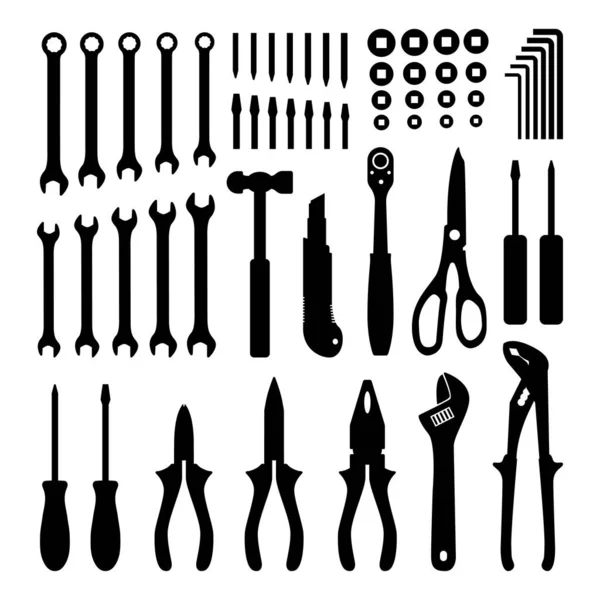 Carpentry Tools Vector Silhouettes Design Concept Icon Set — Stock Vector