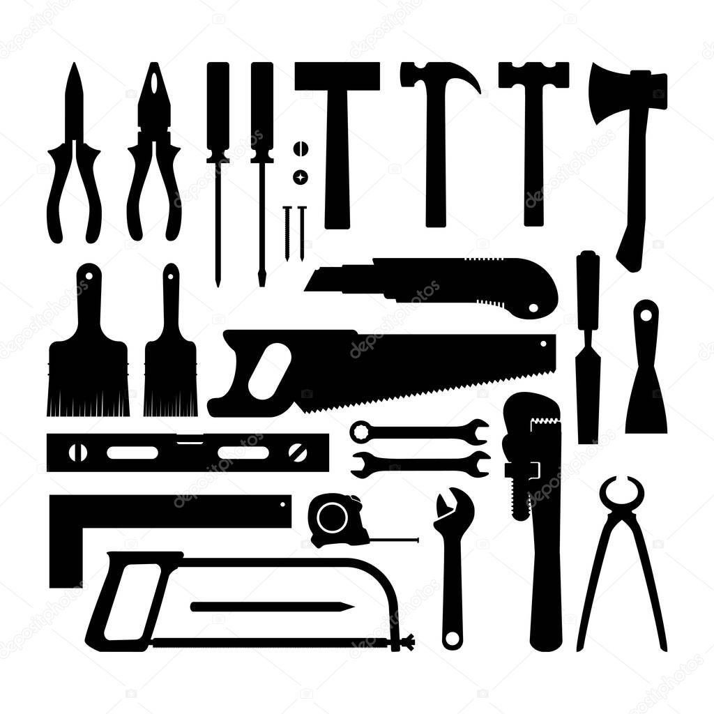 carpentry tools vector silhouettes design concept icon set