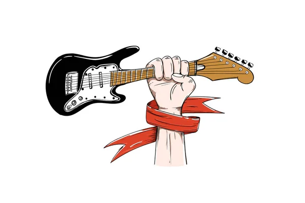 Mano Celebración Guitarra Eléctrica Con Cinta Roja Concepto Música Vector — Vector de stock