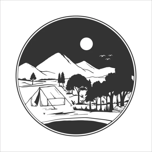 Insignia Camping Silueta Ilustración Vectorial Camping Las Montañas Salvajes — Vector de stock