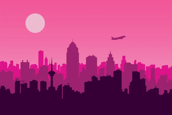 Wektorowa Ilustracja Sceny Miejskiej Różowym Tłem Metropolią Sylwetką Samolotu — Wektor stockowy