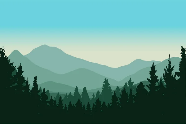 Silhouet Dennenbos Landschap Vector Illustratie Bergen — Stockvector