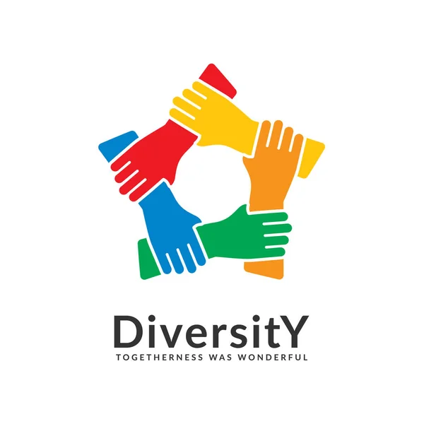Logo Różnorodności Wspólnoty Ludzie Siecią Razem Pentagon Ręce — Wektor stockowy
