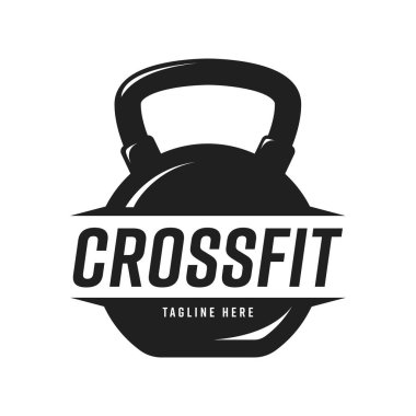 Cesur fitness metni ve kişiselleştirilebilir slogan pankartı içeren şık siyah kettlebell amblemi, spor salonu veya markalaşma için ideal