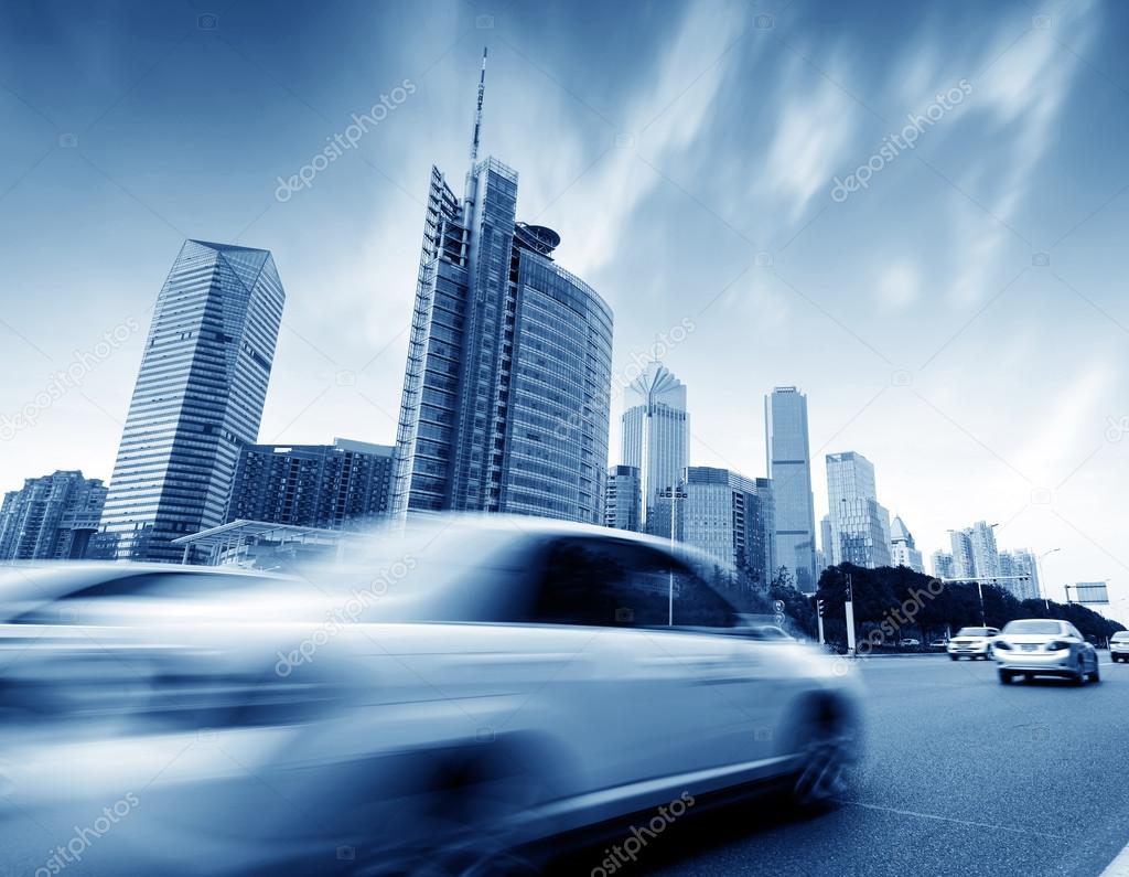 Street buildings and cars motion blur