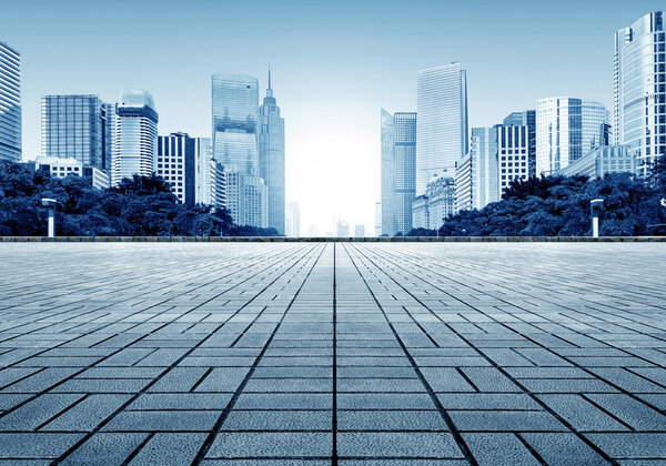 Empty marble floor with cityscape and skyline in cloud sky