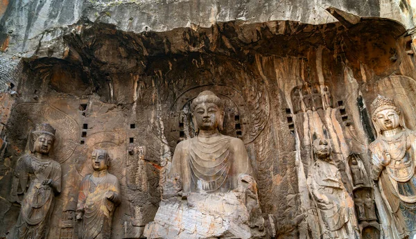 Longmengrottorna Med Buddhas Figurer Börjar Med Nordwei Dynastin 493 Det — Stockfoto